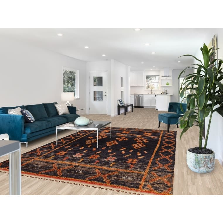 Navy Blue Plush Moroccan Area Rug Handmade Wool Carpet - 7'2" x 10'9"