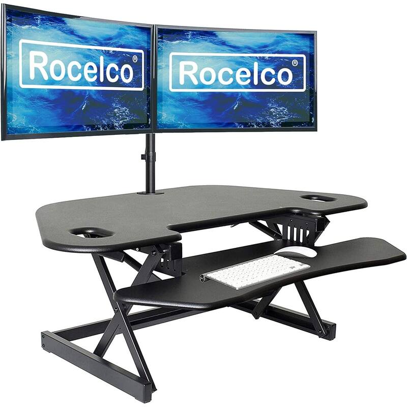Rocelco 46 in. W Black Height Adjustable Corner Standing Desk Converter with Dual Monitor Arm and Extra Tray Platform