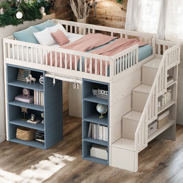 slide 2 of 12, Full Loft Bed with Storage Cabinets, Staircase, and Curtain White+Blue
