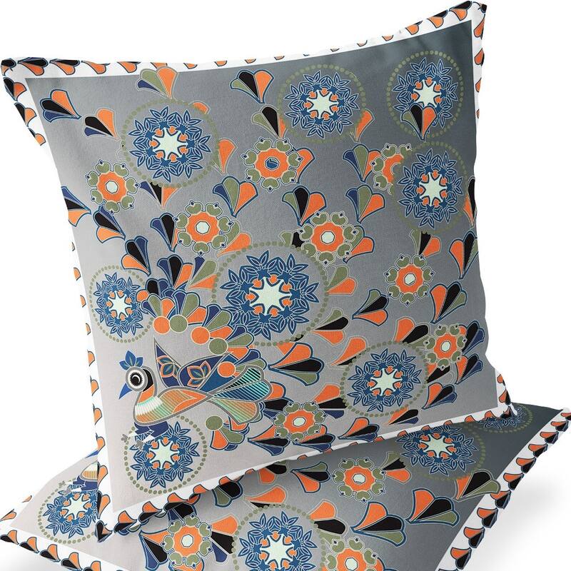 HomeRoots Set of Two 16" X 16" Gray and White Peacock Blown Seam Floral Indoor Outdoor Throw Pillow - 16.00' X '16.00' X '5.00