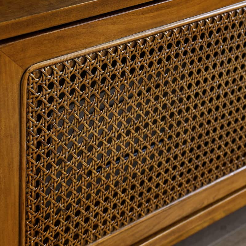 59" Mid-Century Modern TV Stand with Solid Wood Feet & Rattan Door for 65" TV