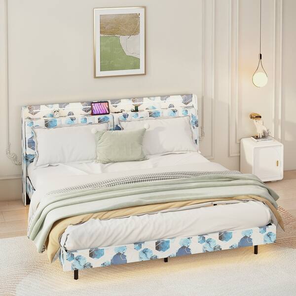 slide 2 of 9, Queen Floating Upholstered Bed Frame with LED Lights, Charging Station, Storage Headboard, No Box Spring Needed, Blue Geometry Blue Geometry