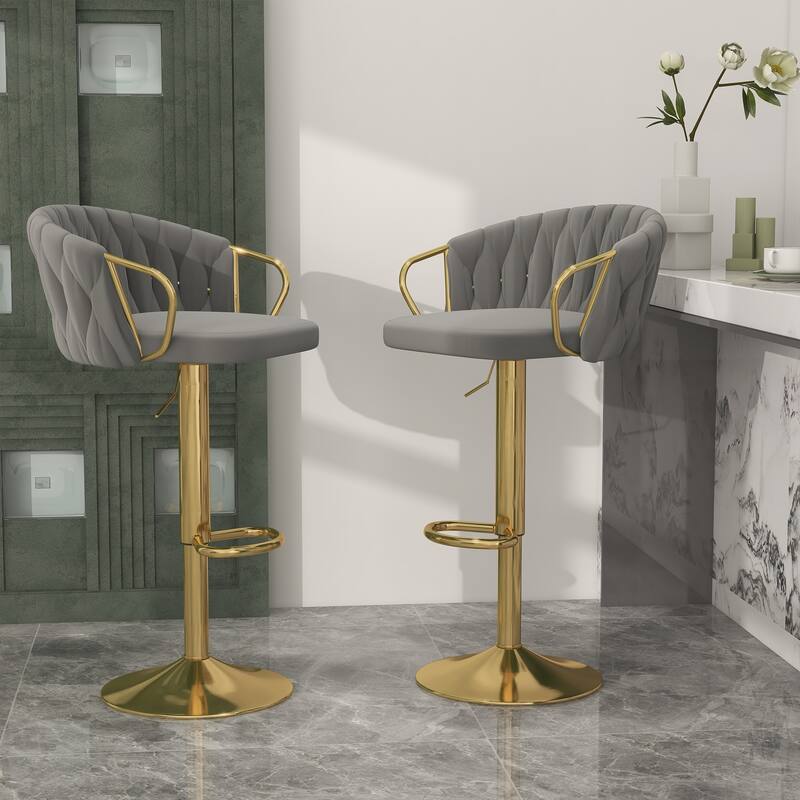Set of 2 Bar Stool Adjustable Height Swivel Velvet Woven - Gray