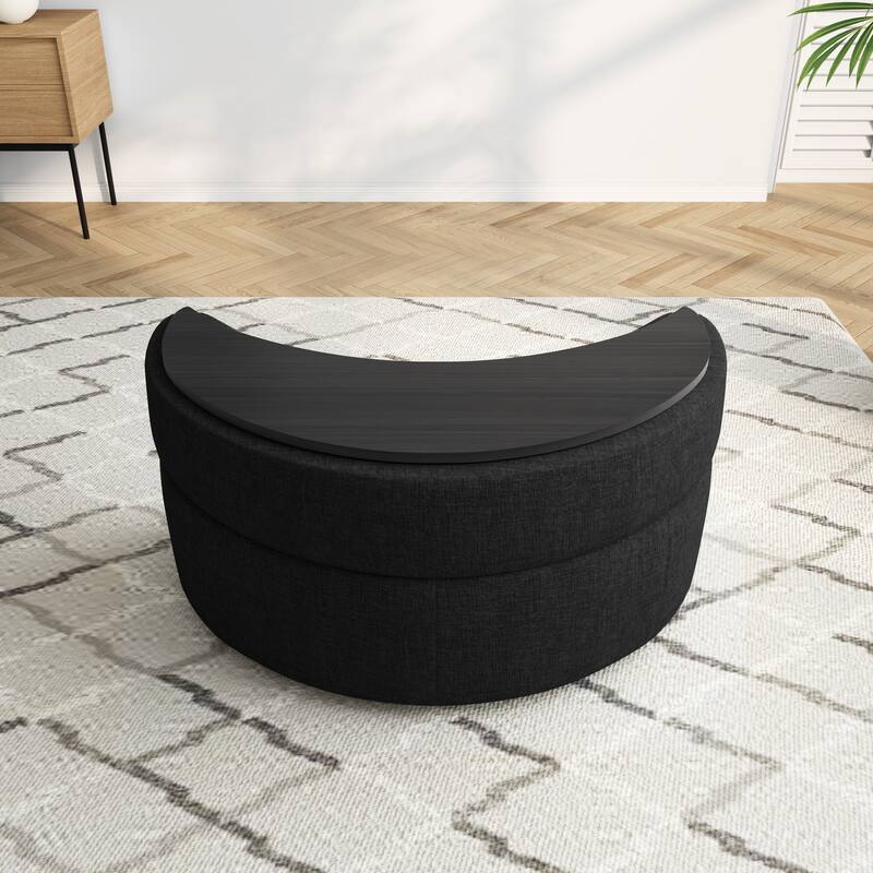 Upholstered Chenille Boucle Half Moon Storage Ottoman with Tray
