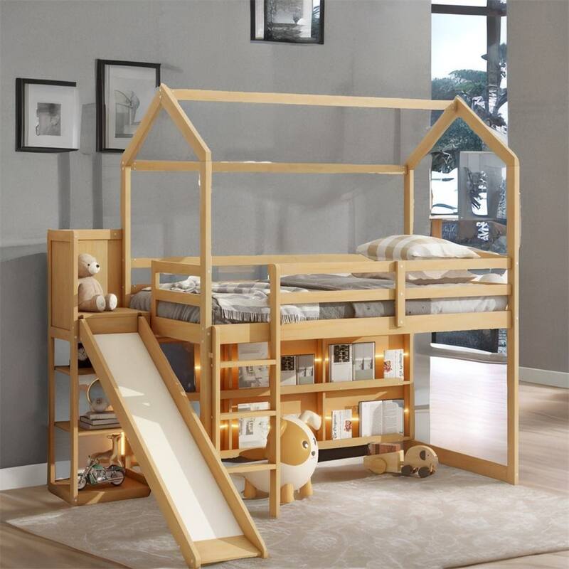 Twin Size Wood Loft Bed with Slide and Storage Shelves