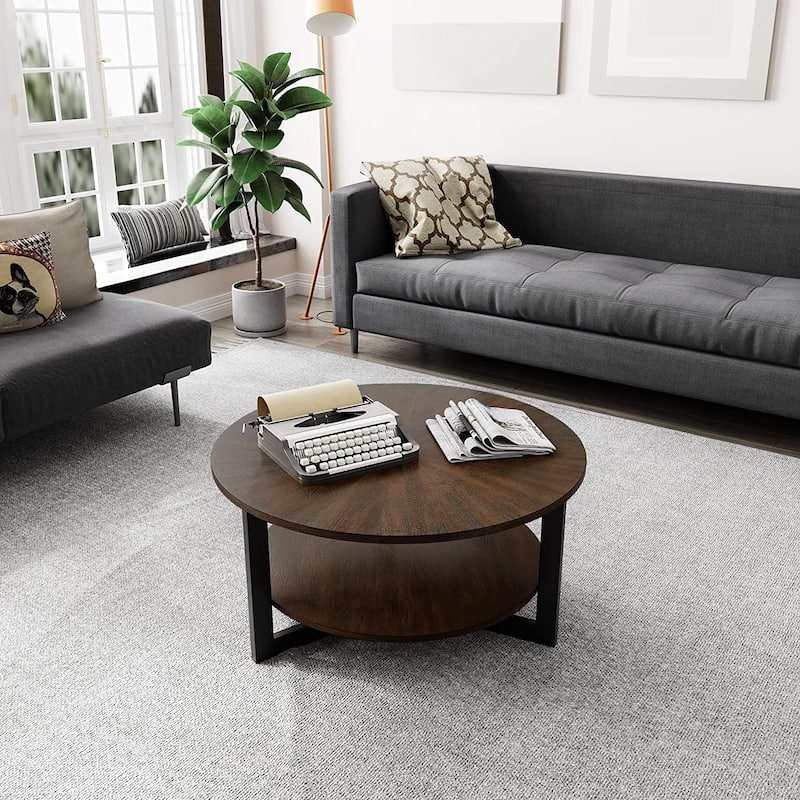 Round Coffee Table with Solid Wood Storage Circle Center Table