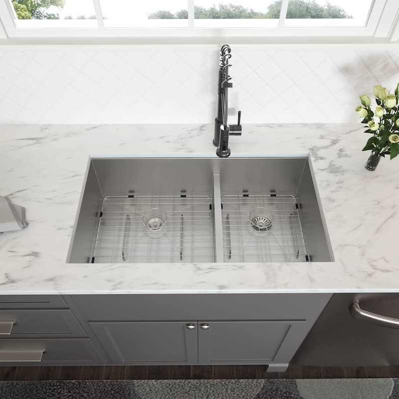 Low-Divide Undermount Double Bowl Stainless Steel Kitchen Sink