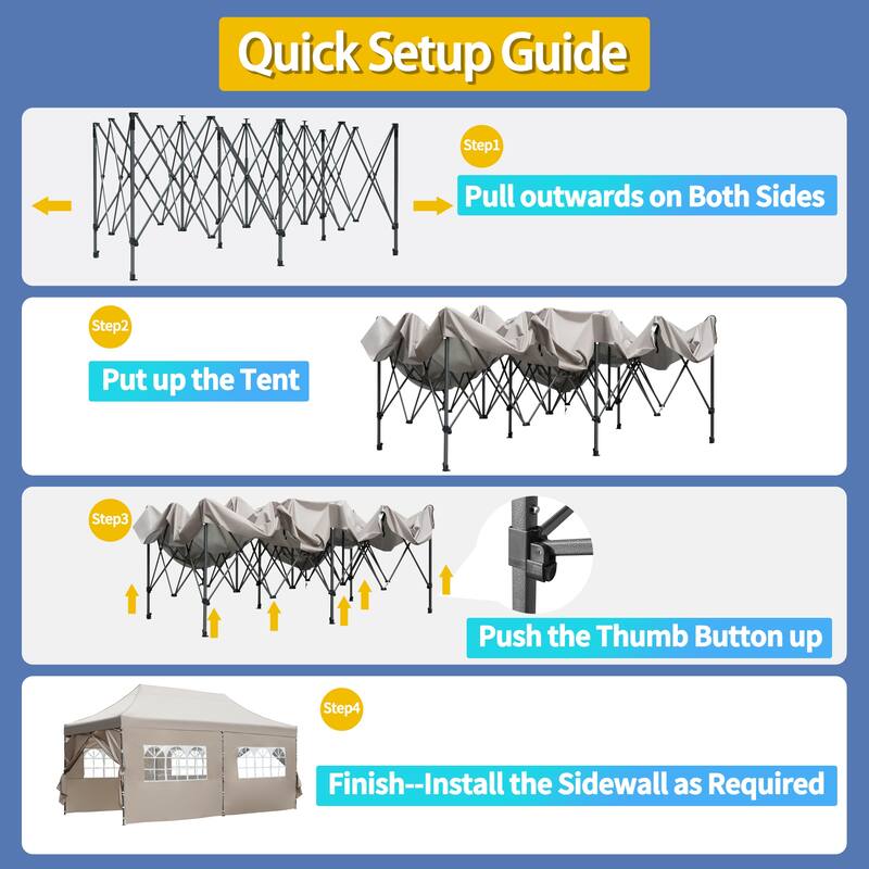 10x20ft Adjustable Height Pop Up Canopy Tent with 6 Sidewalls, UV and Waterproof Protection & Roller Bag