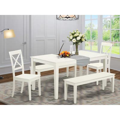 HomeStock 5-Piece Rectangle Linen White Finish Solid Wood Top Dining Table with 2 Benches, 2 Chairs with Lattice Back