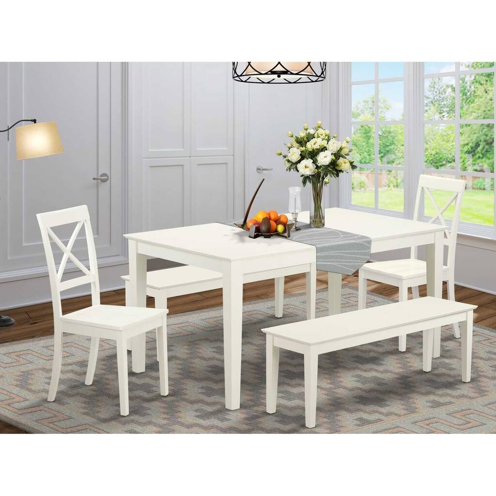 HomeStock 5-Piece Rectangle Linen White Finish Solid Wood Top Dining Table with 2 Benches, 2 Chairs with Lattice Back