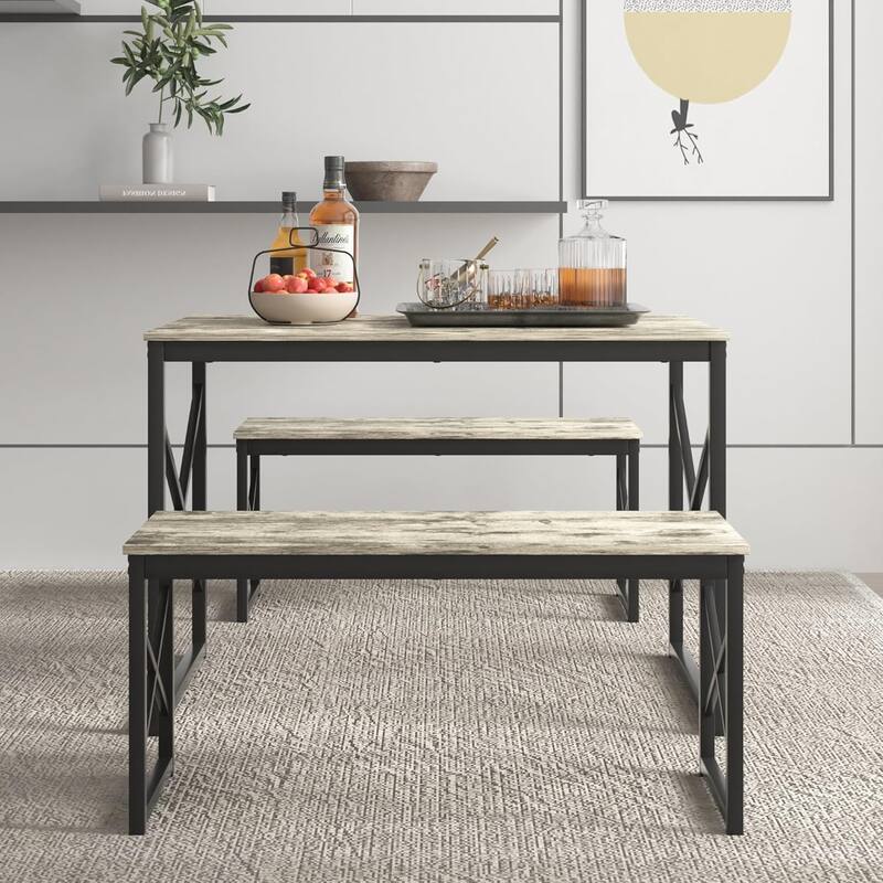 44.3" Dining Table with Benches Kitchen Table set for 4 Rectangular Dining Room Table Set with 2 Metal Wood Benches