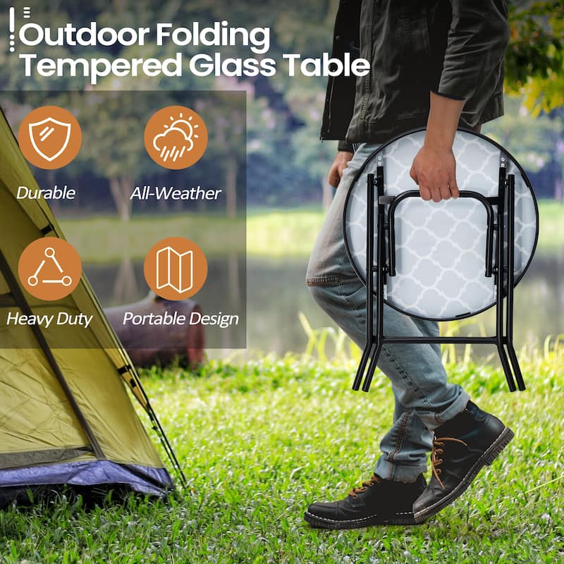 Crestlive Outdoor Side Table Patio Small Folding Table with Tempered Glass Table Top