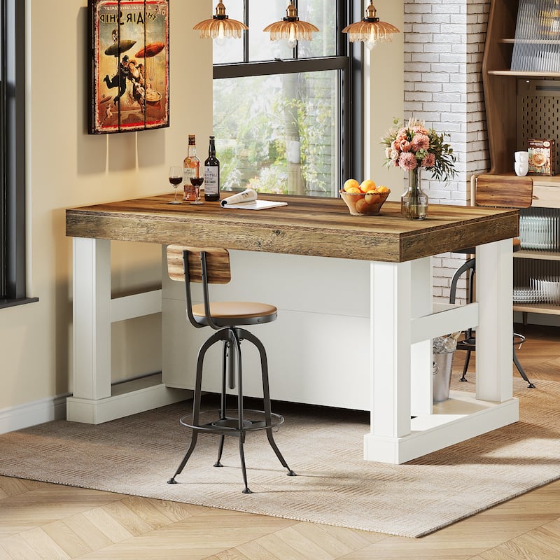 55-Inch Large Home Bar Unit, 3-Tier Pub Table with Storage Shelves - N/A - White/Brown