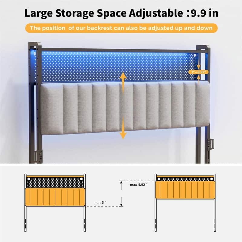 Adjustable Upholstered Headboard with 2 Tier Shelves with Charging Stations and LED Lights, Modern Bed Headboard with Storage