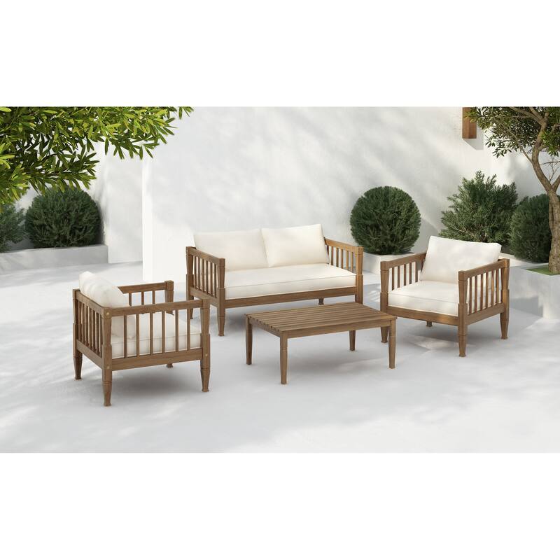 Roomfitters 4-Piece Acacia Wood Patio Furniture Set, Seating Conversation Set with 4-Inch Thick Cushions and Coffee Table
