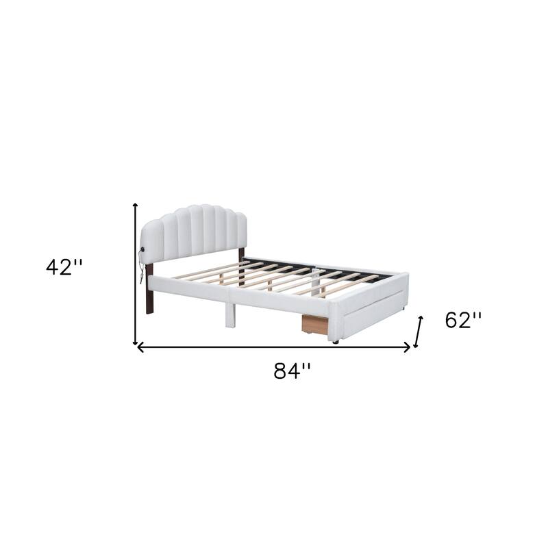 HomeRoots White Tufted Boucle Lighted Queen Bed Frame With USB And Drawer