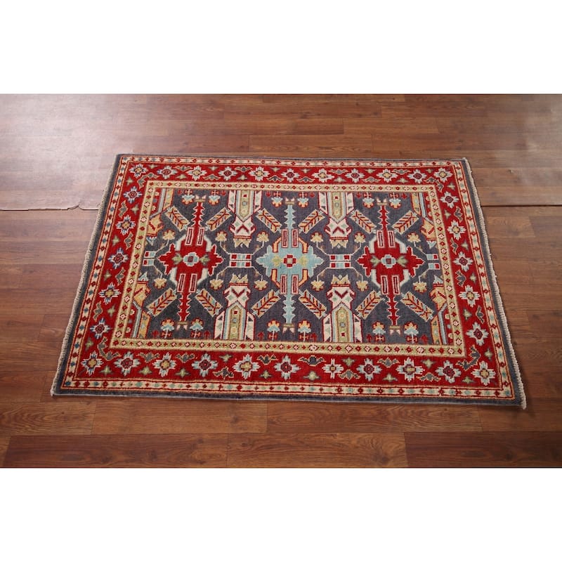 Geometric Kazak Accent Rug Hand-Knotted Blue Wool Carpet - 2'9" x 4'1"