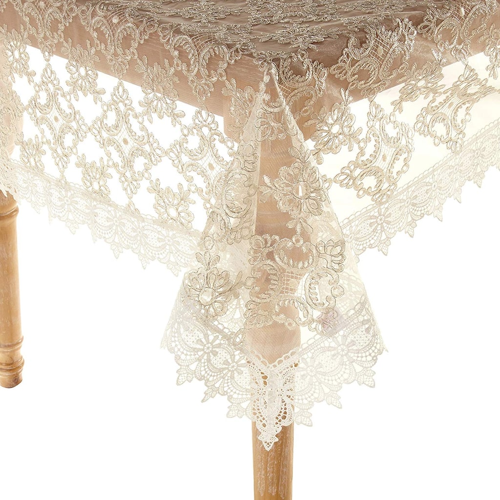 Violet Linen Botany Bridal Embroidered Emblem Floral Lace Pattern Tablecloth