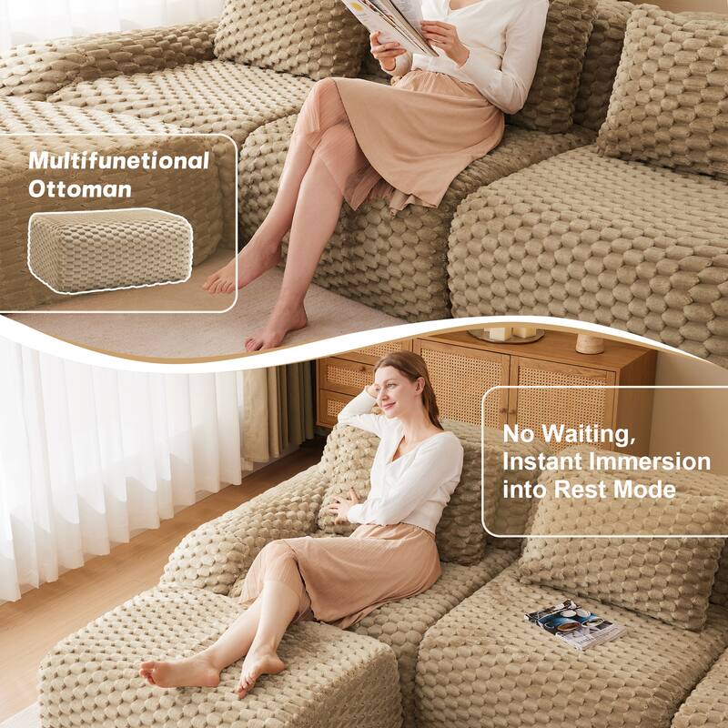 114" Modern Modular Sectional Sofa for Living Room,Boneless Sofa,Deep Seat,Buckle Connection,Anti-slip Design,2 Movable Ottoman