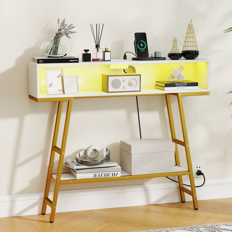 Gymax 40'' Console Table w/ Power Strip 3-Tier Entryway Table w/ RGB - White