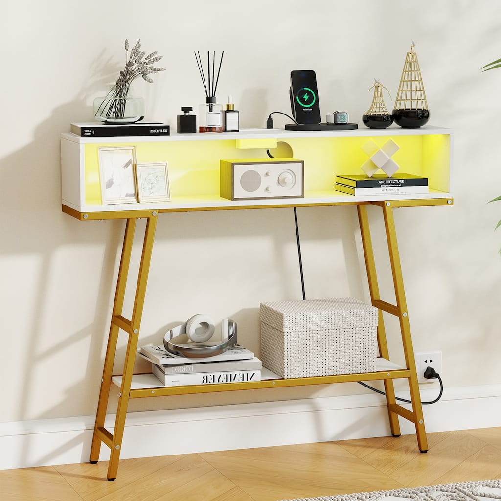Gymax 40'' Console Table w/ Power Strip 3-Tier Entryway Table w/ RGB