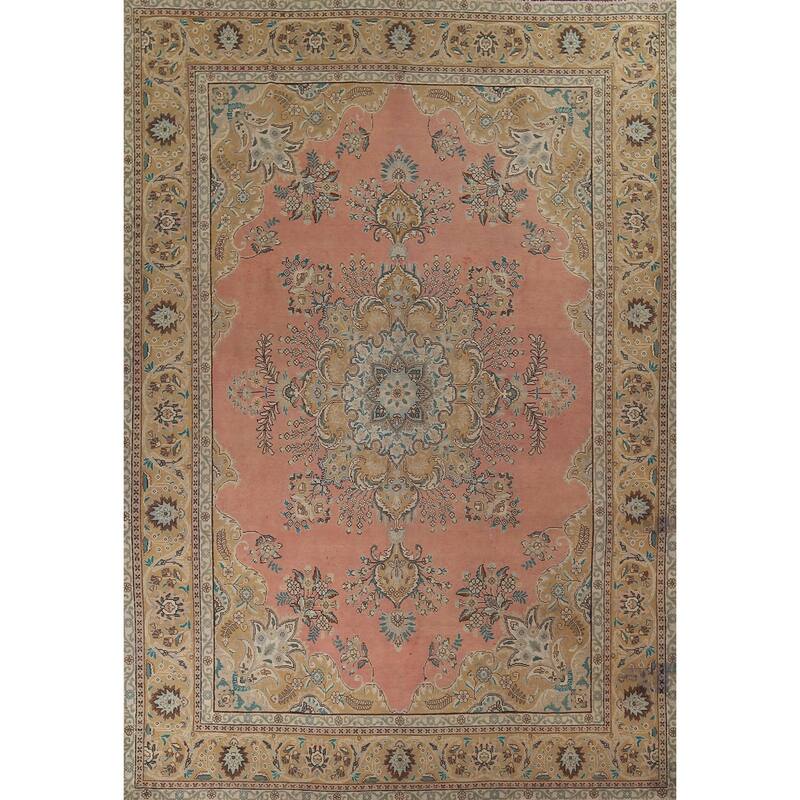 Pink Tabriz Vintage Persian Area Rug Handmade Wool Carpet - 9'9" x 13'0"