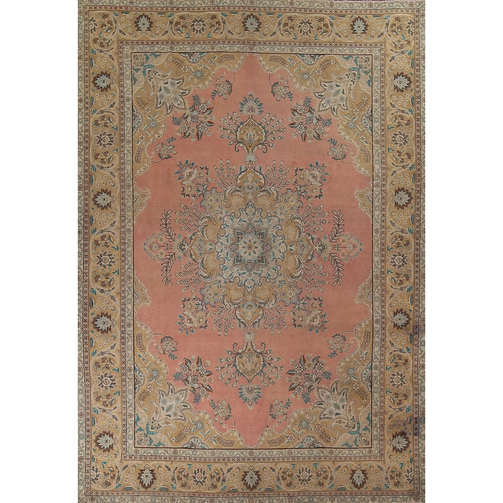 Pink Tabriz Vintage Persian Area Rug Handmade Wool Carpet - 9'9" x 13'0"