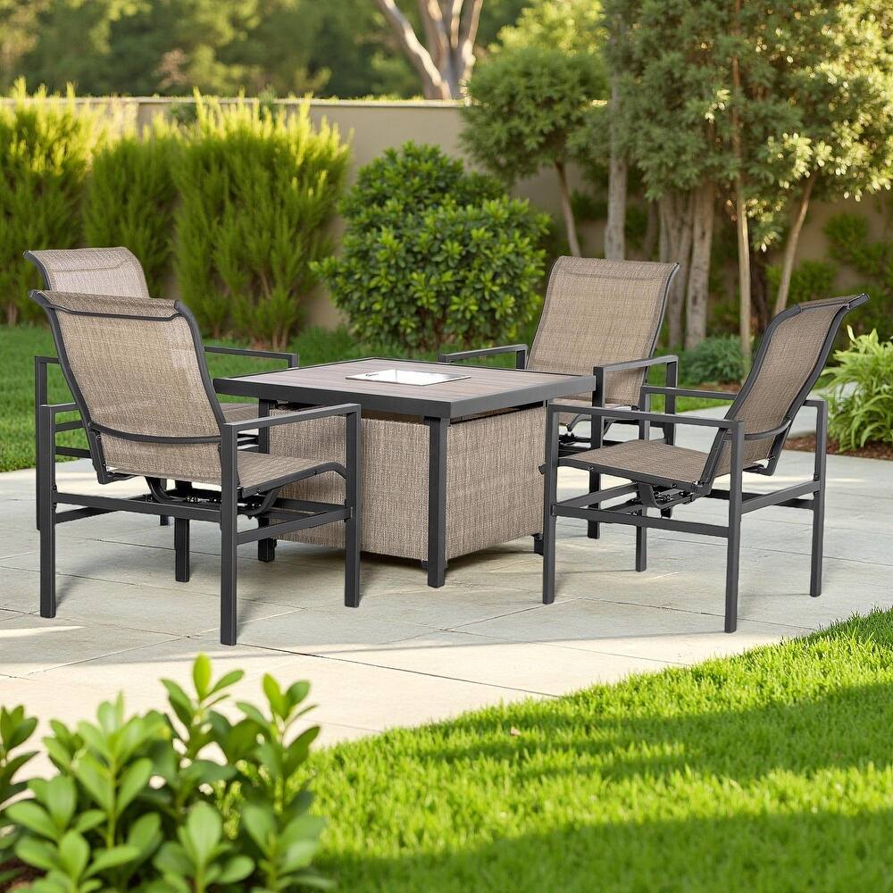 5-Piece Outdoor Patio Conversation Dining Set with Built-in Ice Bucket Insert Table and 4 Rocking Chairs