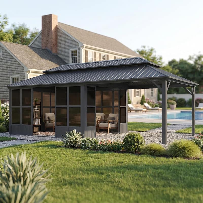 PURPLE LEAF Double Top Outdoor Sunroom All-Weather Screen House Patio Hardtop Gazebo - 12' x 24' - Grey