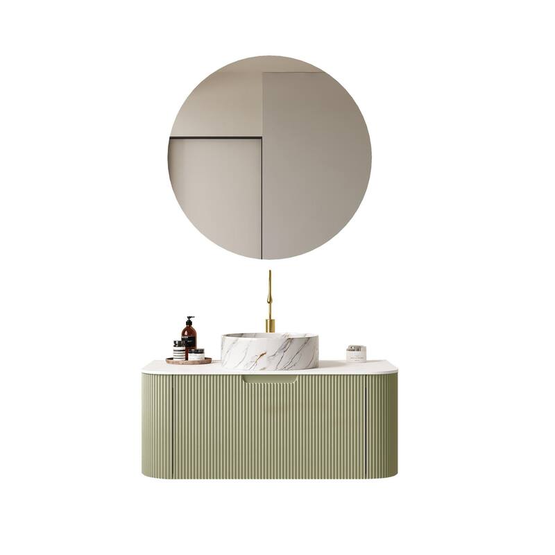 Floating Bathroom with Round Ceramic Basin and Storage Drawer