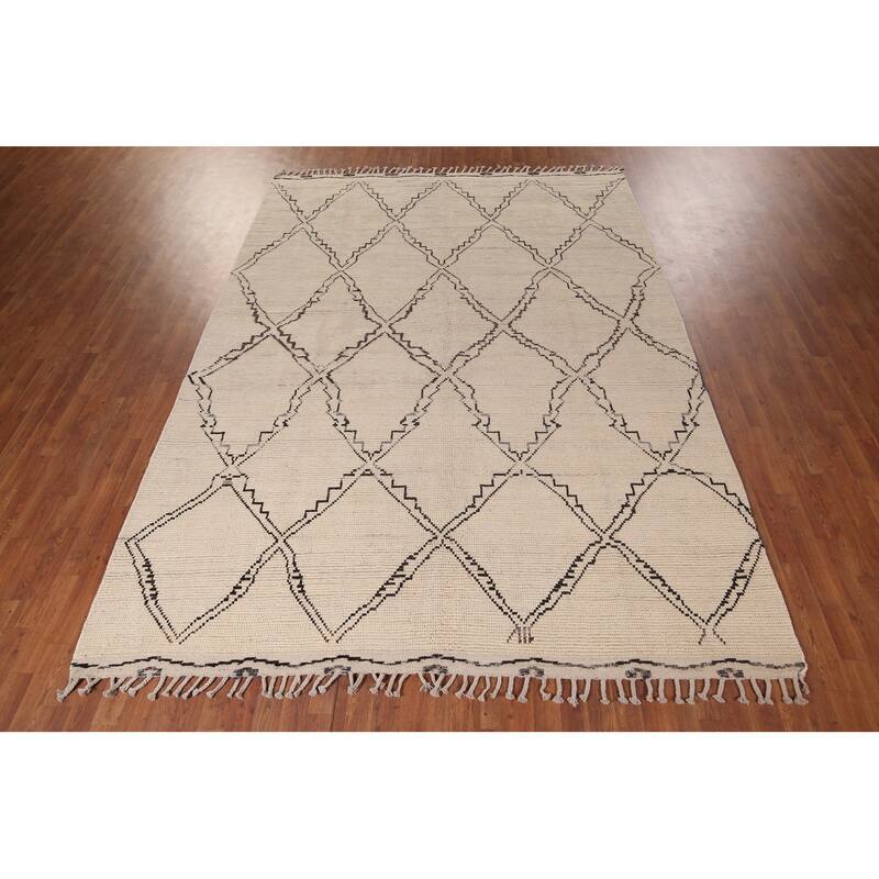 All-Over Trellis Ivory Moroccan Area Rug Handmade Wool Carpet - 7'11"x 11'0"