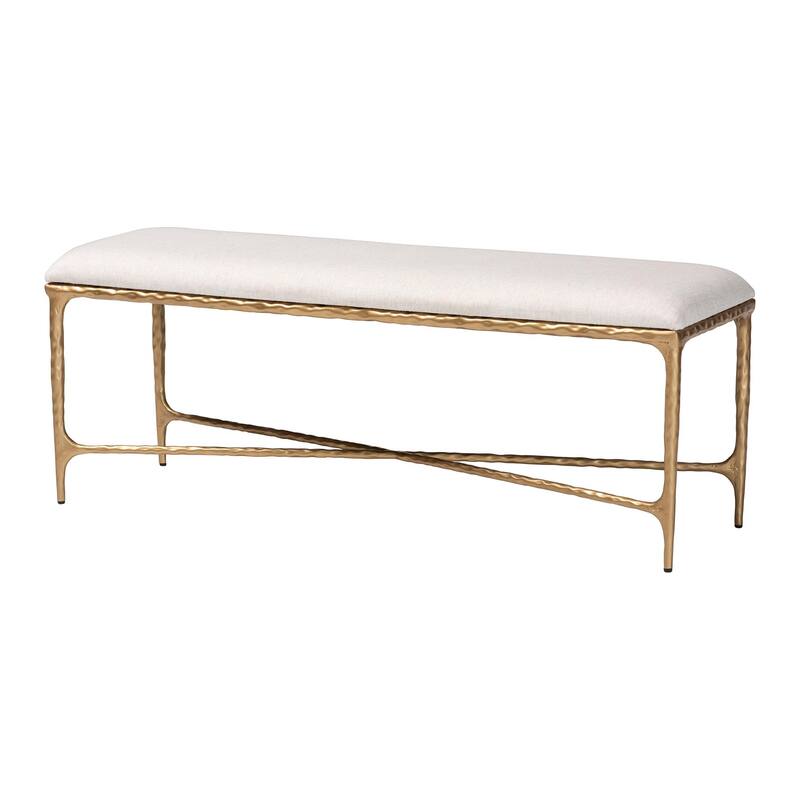 Fumiye Bench - Modern Rustic Accent Seating with Hand-Forged Metal Frame and Upholstered Cushion for Living Room or Entryway - Ivory, Gold