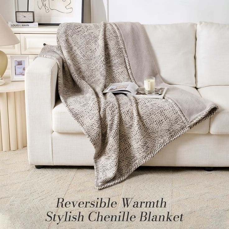 50" x 60" Single Layer Reversible Printed Chenille, Fleece Throw Blanket With Two Plush Effects, Soft and Machine Washable
