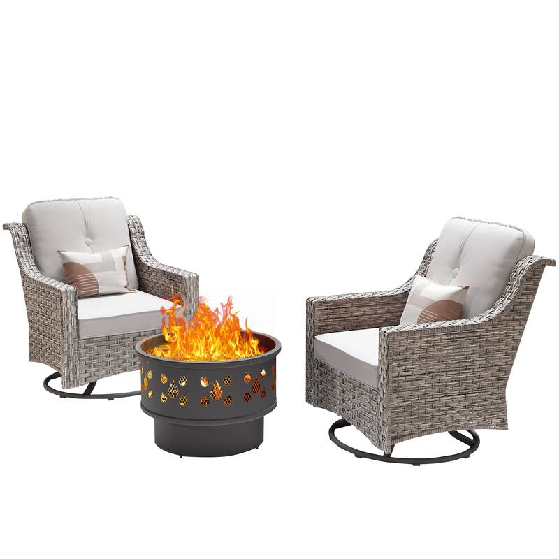 OVIOS 3 Pieces Outdoor Wicker Curved Swivel Chair Set With Fire Table