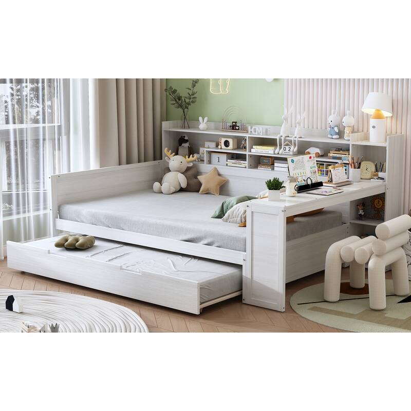 Wooden Full Size Daybed with Storage Shelves, Multi-functional Bed with Twin Size Trundle Bed and Study Desk, Antique White