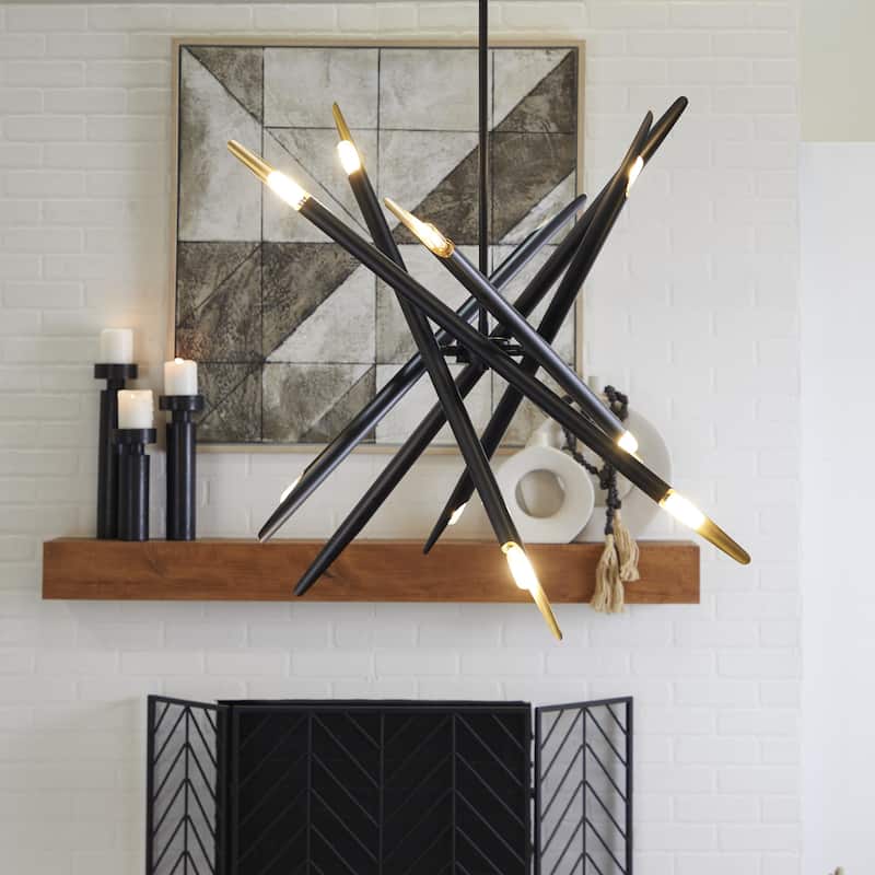 Metal Abstract 12 Light Room Chandelier with Angled Beams and Suspension Rod - Black - Roche River Decor