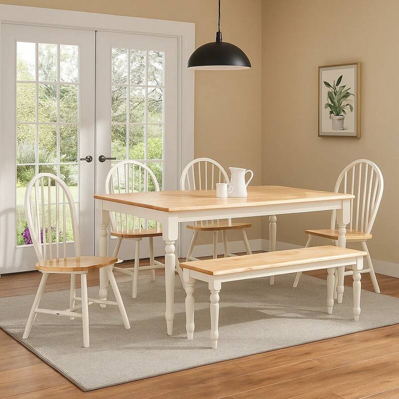 6 Piece Farmhouse Wooden Dining Set, White and Brown