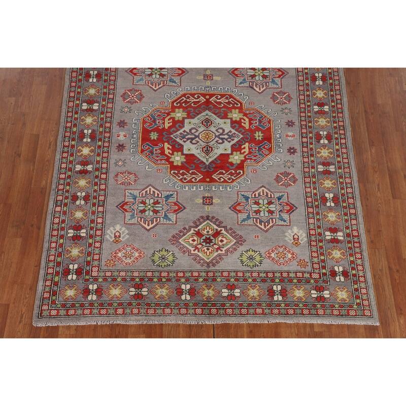 Gray Geometric Kazak Area Rug Living Room Handmade Wool Carpet - 5'7" x 7'3"