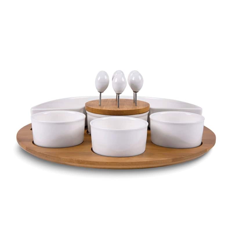 Curata Ceramic and Bamboo Serving Tray Set with 3 Condiment Bowls Semi-Circular Bowl and 6 Cocktail Picks