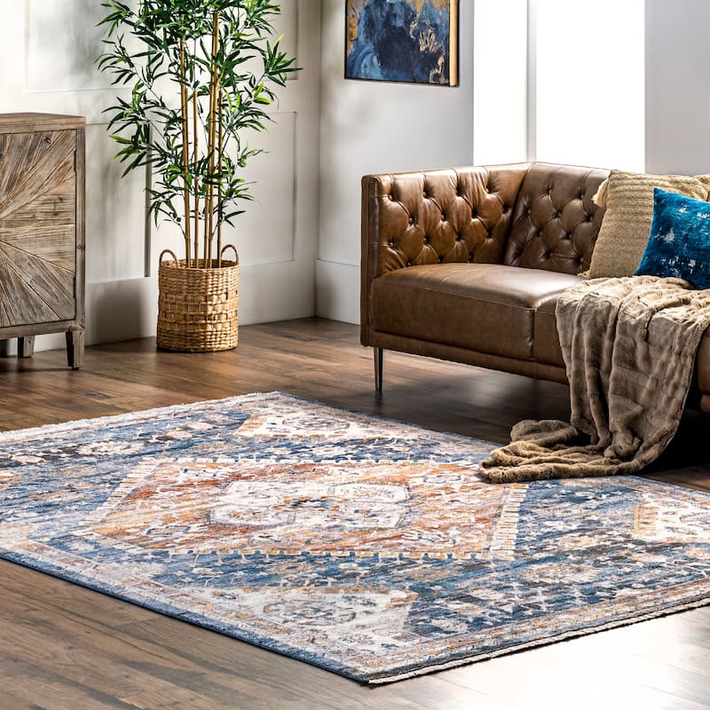 Nuloom Addison Transitional Faded Medallion Fringe Area Rug - 4' x 6' - Blue - Rectangle