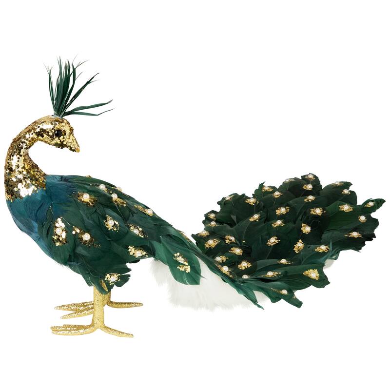 Glittered Peacock with Faux Pearls Christmas Decoration - 22" - Green