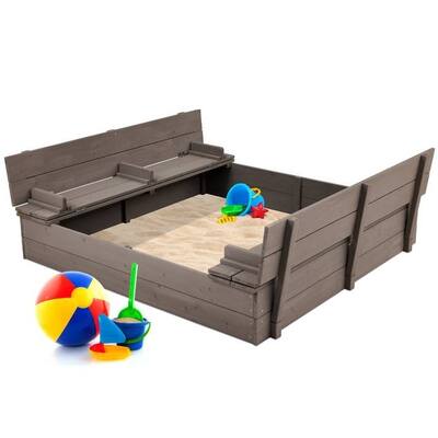 Grey Cedar Kids Sandbox with Foldable Cover and Built-In Benches for Backyard Playtime - 47.25"(L) x 49"(W) x 8.5"(H)