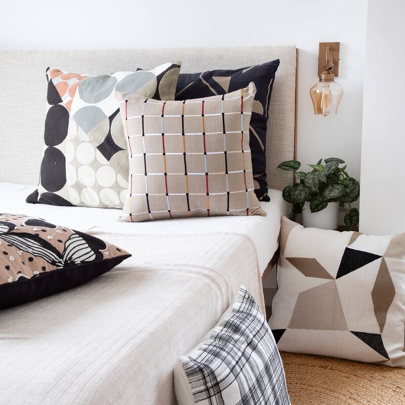 Checkered Embroidered Square Throw Pillow - 20" - White and Black