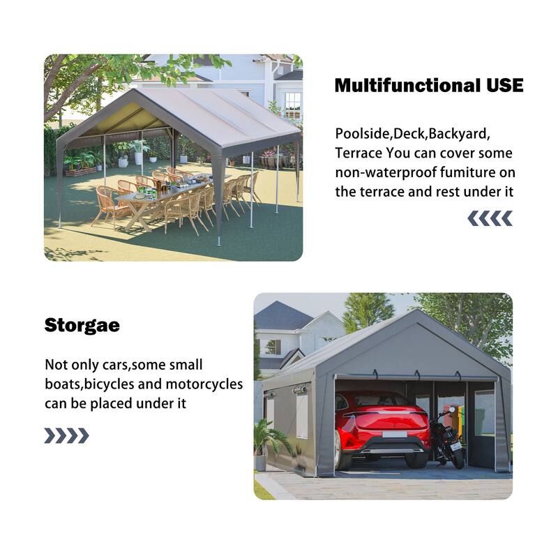GDFStudio - Penman Heavy Duty Canopy Garage with Removable Sidewalls and Roll-up Ventilated Windows & Door