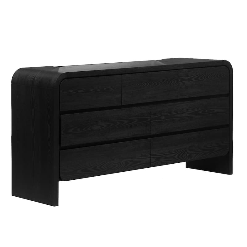 Cave 68 Inch Dresser, 7 Drawers, Modern Curved Side Panels, Black Wood - Black - 7-drawer
