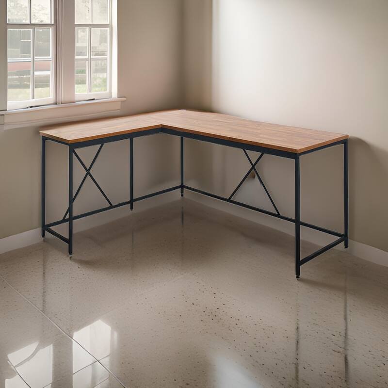 Posy Corner Desk, L Shaped Black Metal Frame, X Crossed, Oak Brown Wood Top
