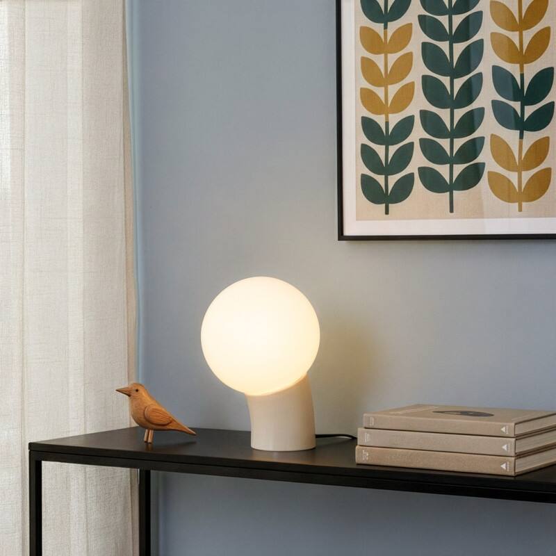 Vino LED 7.95 in Glossy Cream Midcentury Round Globe Dimmable Bedside Nightstand Desk Lamp with Fast Charging USB-C Port