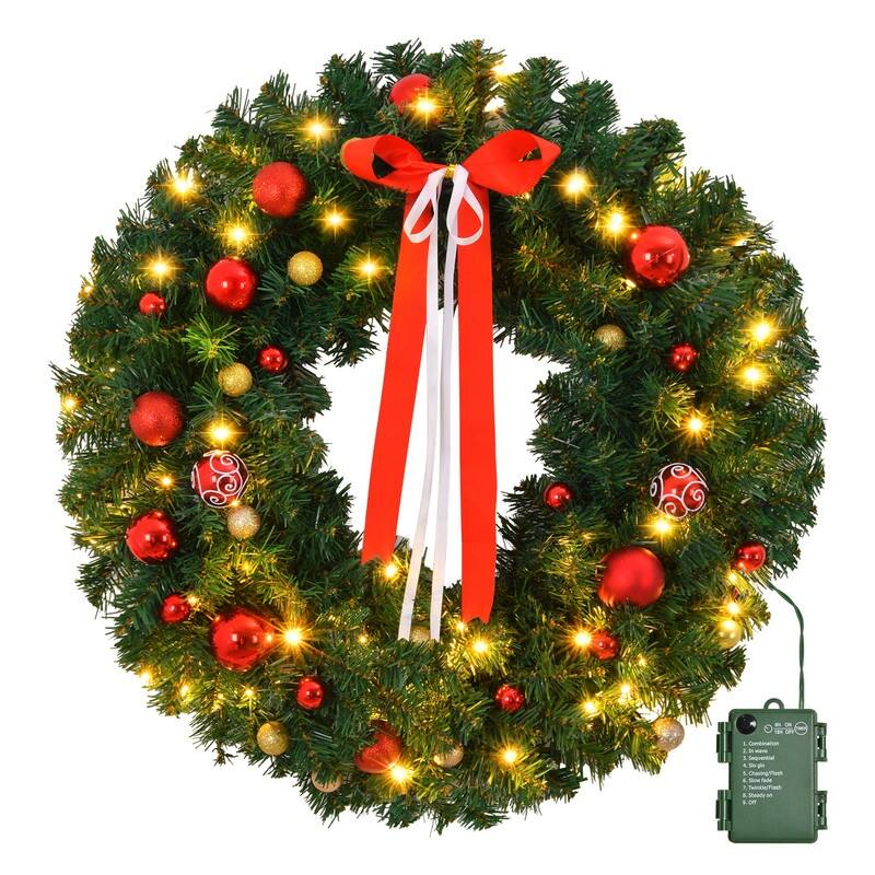 36in Pre-lit Battery Powered Christmas Wreath, Lighted Artificial Xmas Wreath, for Front Door Gate Wall Xmas Party Decorations