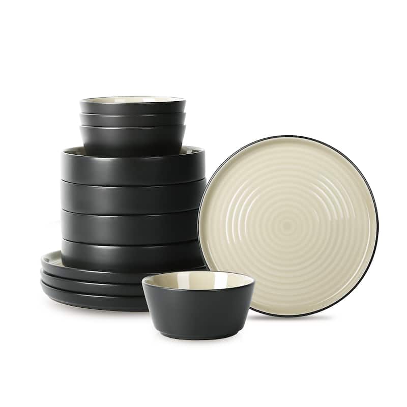 Stone Lain Elica Stoneware Dinnerware Set - 12 Piece - Beige and Black