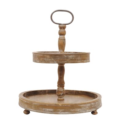Distressed Wood 2-Tier Tray with Metal Handle
